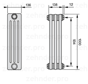 Схема (чертеж) Радиатор Zehnder Charleston 4100/3 №7610 Белый глянцевый RAL 9016